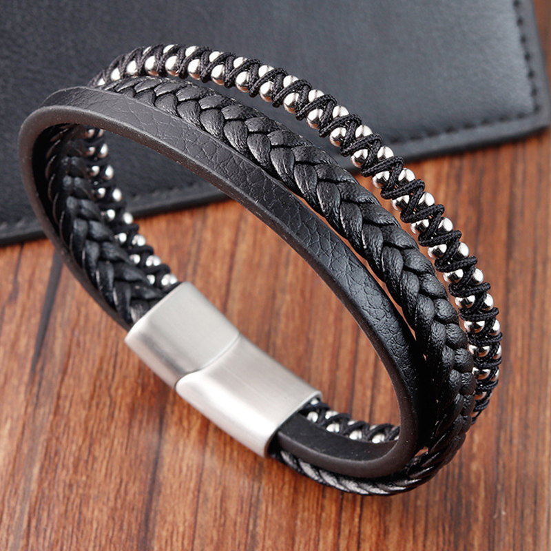 Braided Black Leather Bracelet for Men | Punk Style Stainless Steel Bangle, Fashion Jewelry Gift for Friends