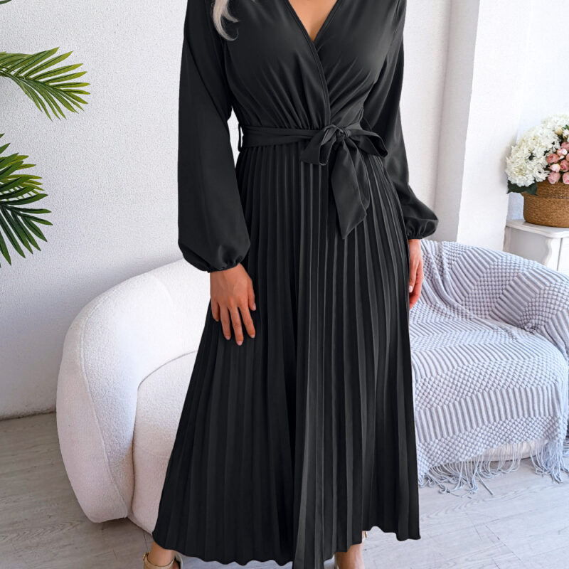 Elegant V-Neck Maxi Dress for Women β Long Sleeve, Pleated Design