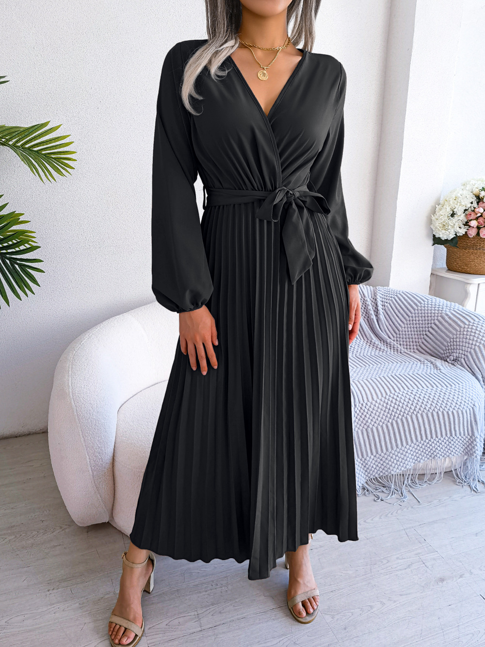 Elegant V-Neck Maxi Dress for Women – Long Sleeve, Pleated Design