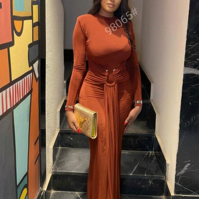 Premium Rust Brown Bodycon Long-Sleeve Evening Gown β Available S to 2XL