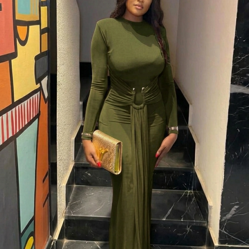 Elegant Army Green Long-Sleeve Maxi Dress with Ring Detail β Chic Nigerian Aso-Ebi Wear