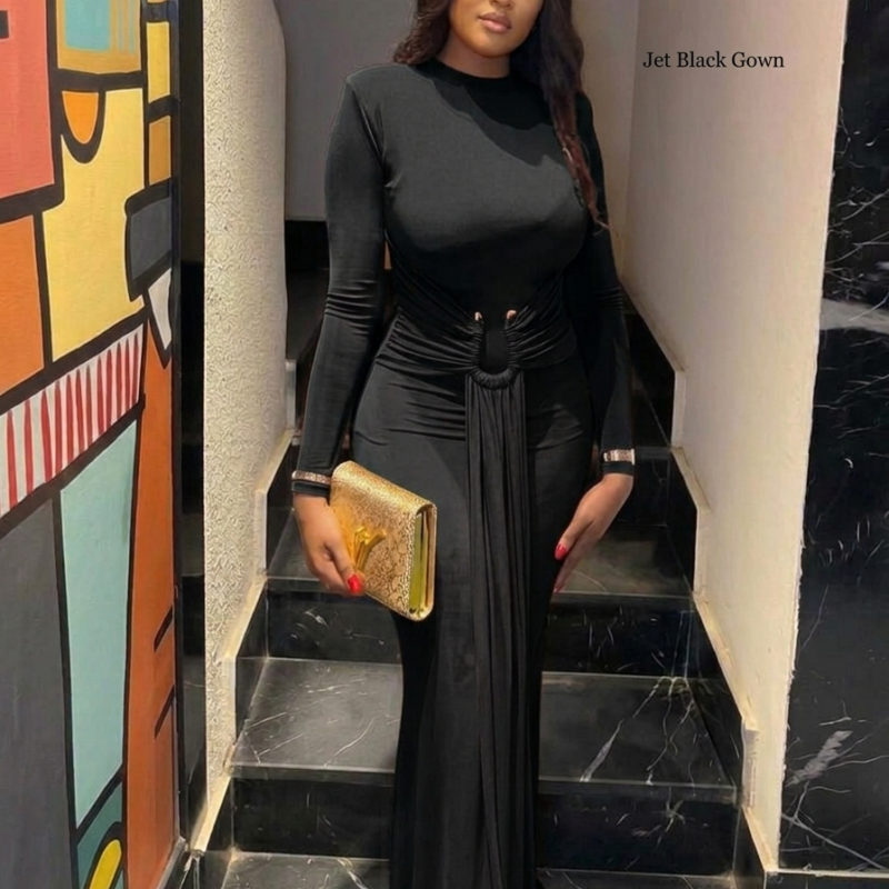 Elegant Black Long-Sleeve Maxi Dress with Ring Detail β Chic Evening & Dinner Wear