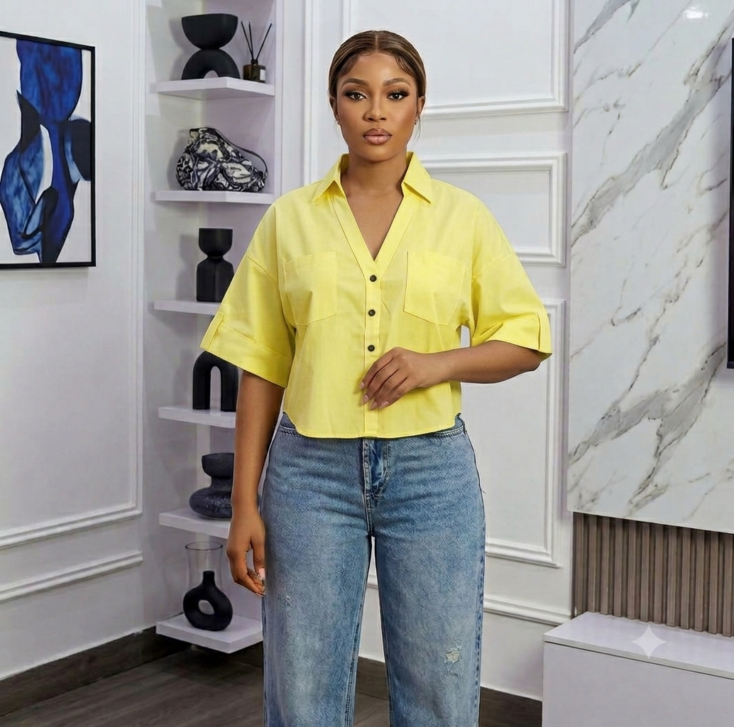 Bright Lemon Yellow V-Neck Short Sleeve Button-Down Shirt – Classy Casual Top - Image 2