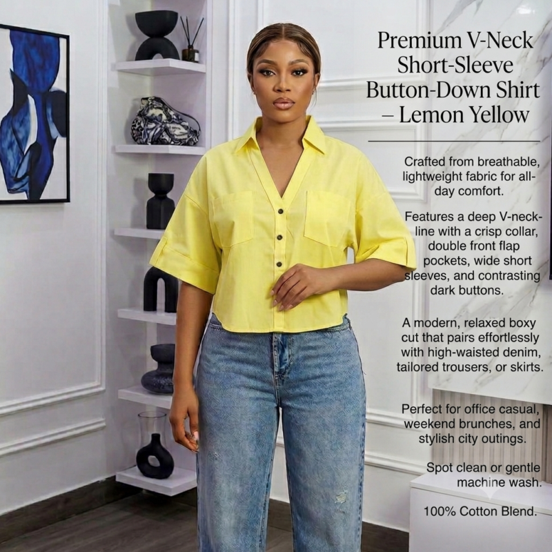 Bright Lemon Yellow V-Neck Short Sleeve Button-Down Shirt β Classy Casual Top