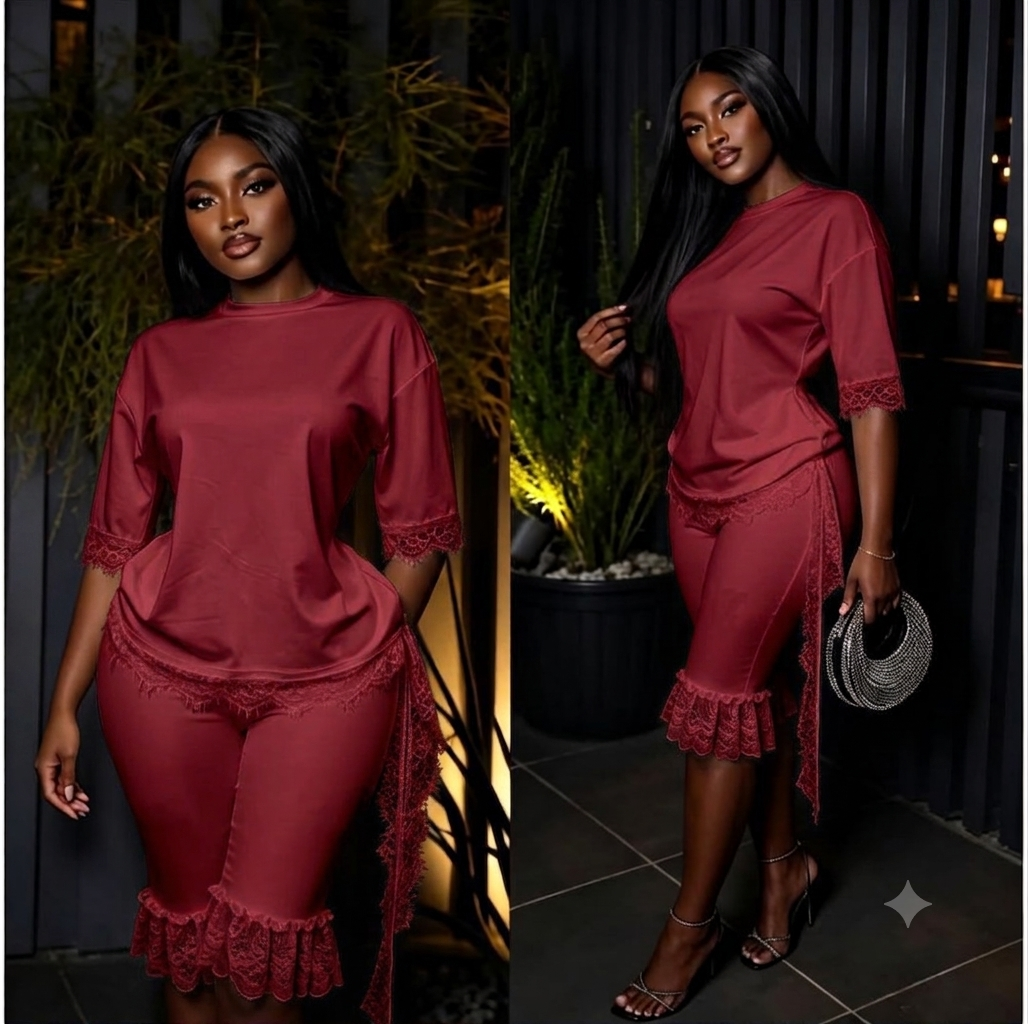 Premium Dark Red 2-Piece Ruffle Lace Set – High-Fashion Biker Shorts & Ruffle Blouse