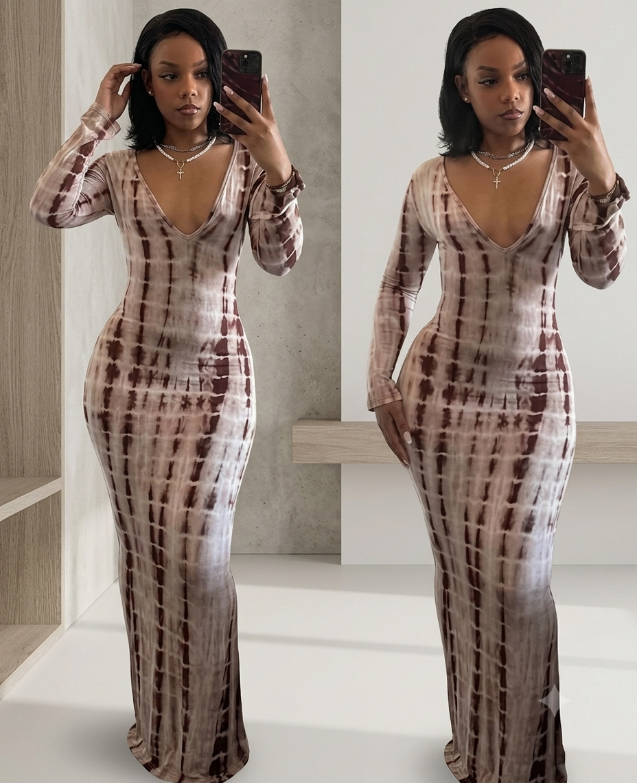 Women's Brown Kampala African Print Dress – Long Sleeve V-Neck Tie-Dye Evening Gown