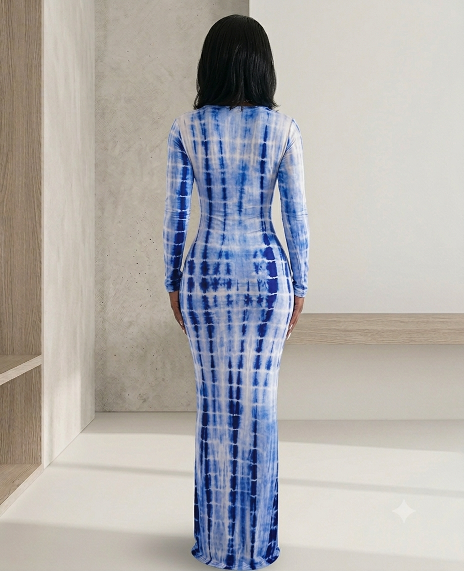Premium Blue Tie-Dye Kampala Gown – Elegant V-Neck Maxi Dress - Image 2