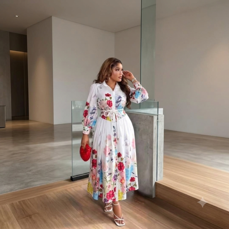 Elegant White Floral Pleated Gown β Belted Long Sleeve Maxi Dress