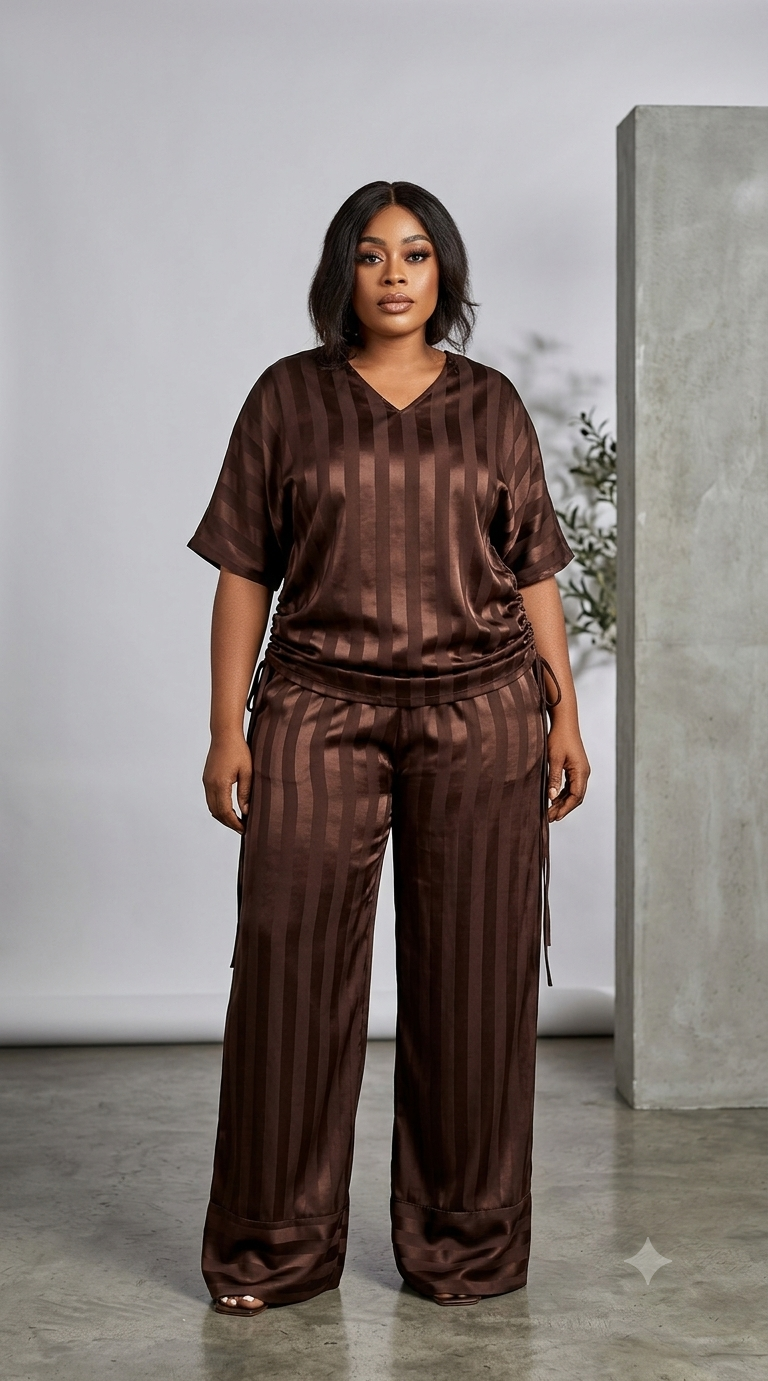 Elegant Striped Satin Lounge Set – V-Neck Top with Side Drawstrings & Wide-Leg Pants - Image 2