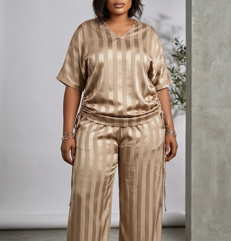 Elegant Striped Satin Lounge Set β V-Neck Top with Side Drawstrings & Wide-Leg Pants