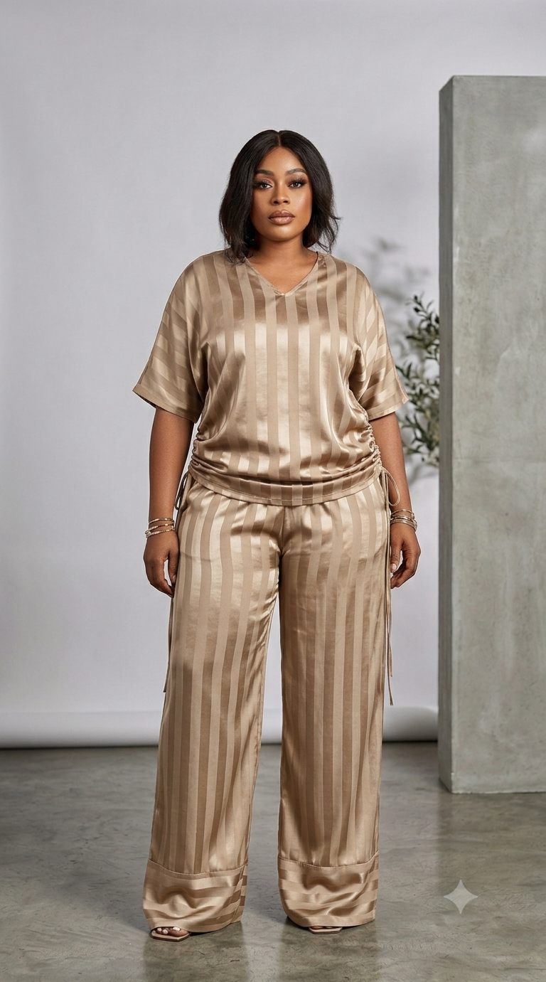 Elegant Striped Satin Lounge Set – V-Neck Top with Side Drawstrings & Wide-Leg Pants
