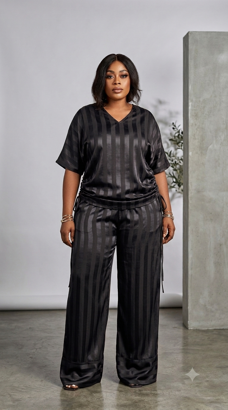 Elegant Striped Satin Lounge Set – V-Neck Top with Side Drawstrings & Wide-Leg Pants - Image 3