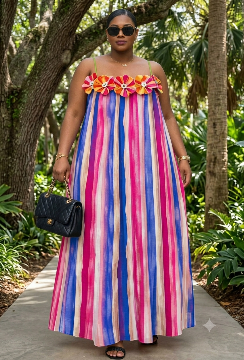 Watercolor Striped Sleeveless Maxi Dress – Multi-Color High-Stretch Flowy Dress with Chest Flowers - Image 3
