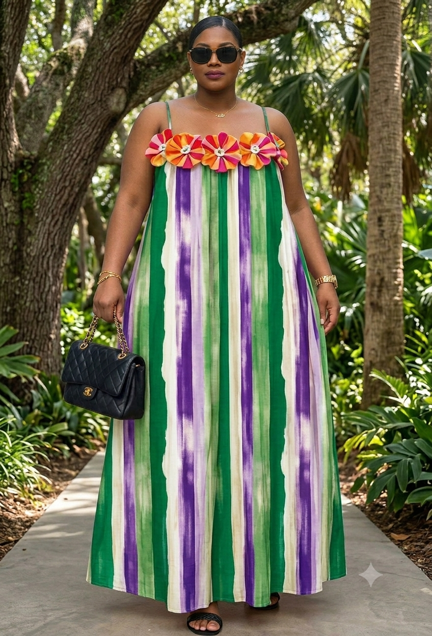 Watercolor Striped Sleeveless Maxi Dress – Multi-Color High-Stretch Flowy Dress with Chest Flowers