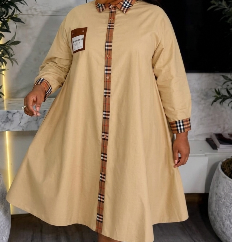 Rich Auntie Plaid Trim Shirt Gown β Long Sleeve Button-Down Free-Size Midi Dress