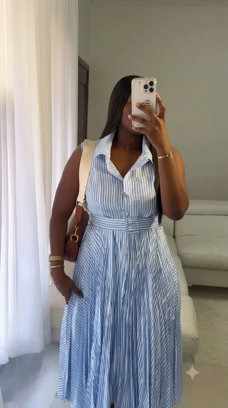 Ladies Sleeveless Striped Pleated Shirt Dress – Collared Midi Gown with Belt - Image 3