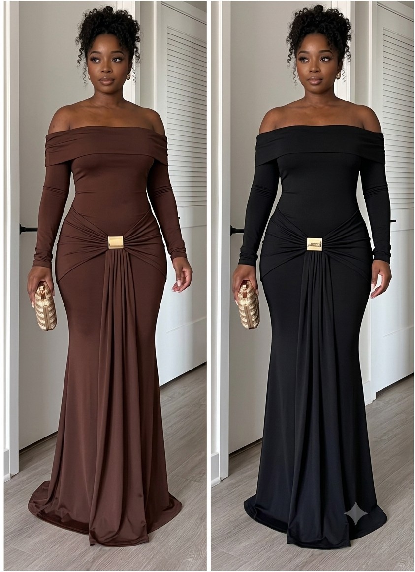 Off-the-Shoulder Draped Maxi Gown – Ruched Long Sleeve Evening Dress