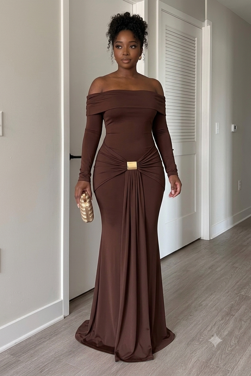 Off-the-Shoulder Draped Maxi Gown – Ruched Long Sleeve Evening Dress - Image 2