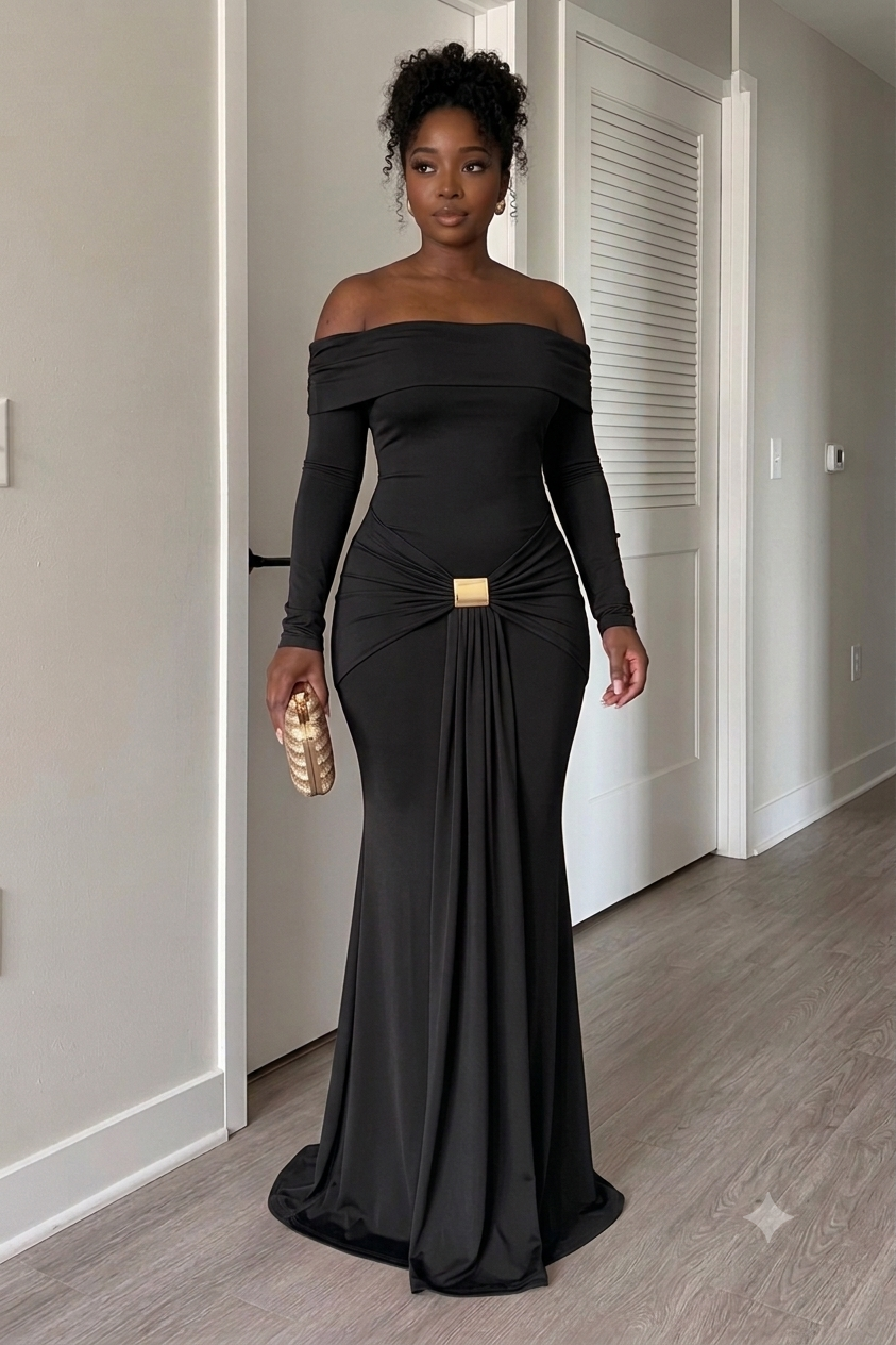 Off-the-Shoulder Draped Maxi Gown – Ruched Long Sleeve Evening Dress - Image 3