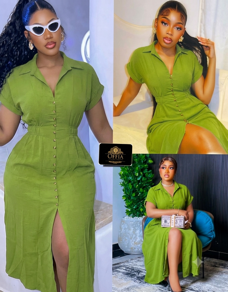 Chic Front-Button Midi Dress with Waist Cinching & Front Slit