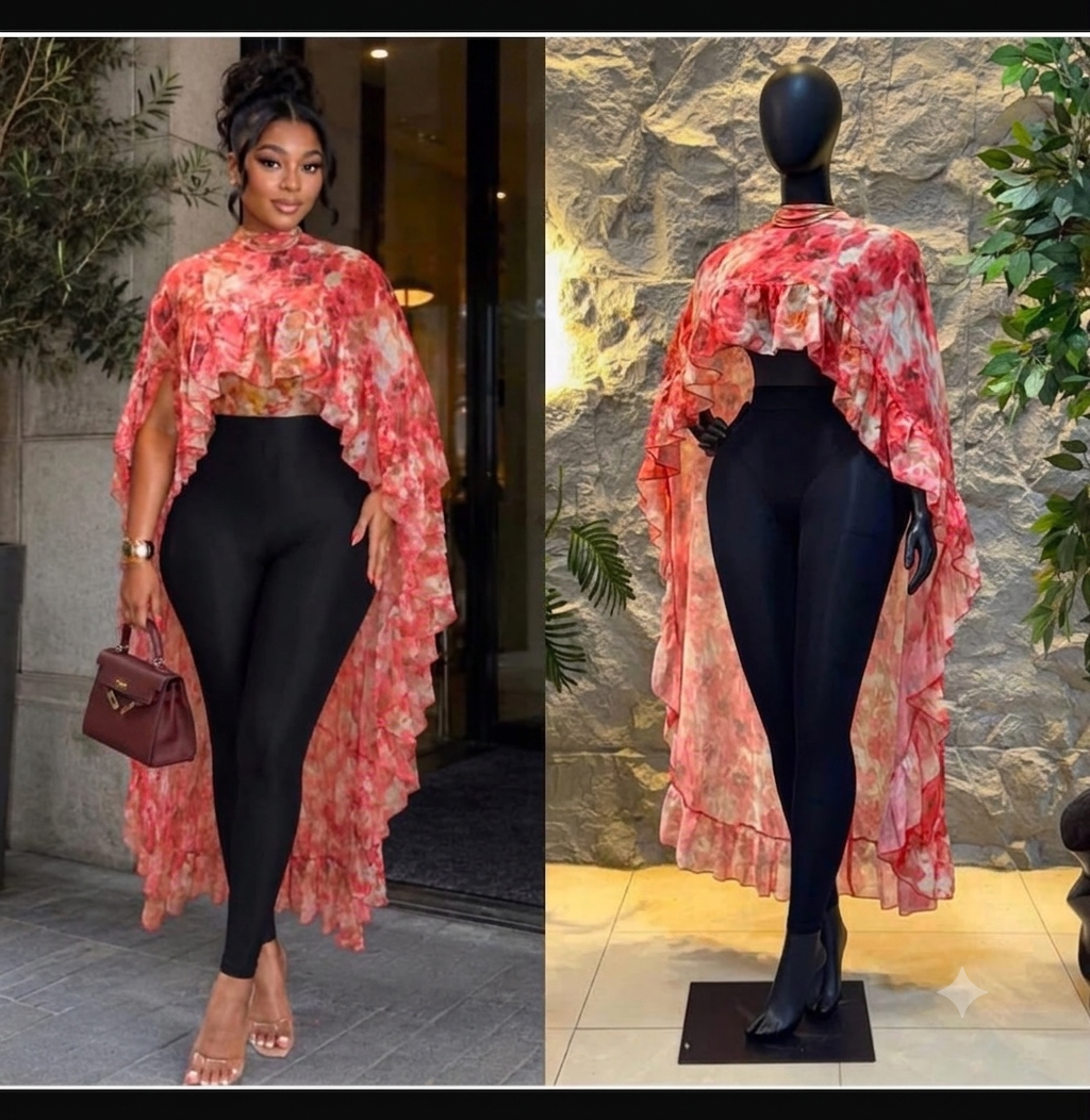 2-Piece Floral Chiffon Cape Top & High-Waist Leggings Set – Red/Pink Multi