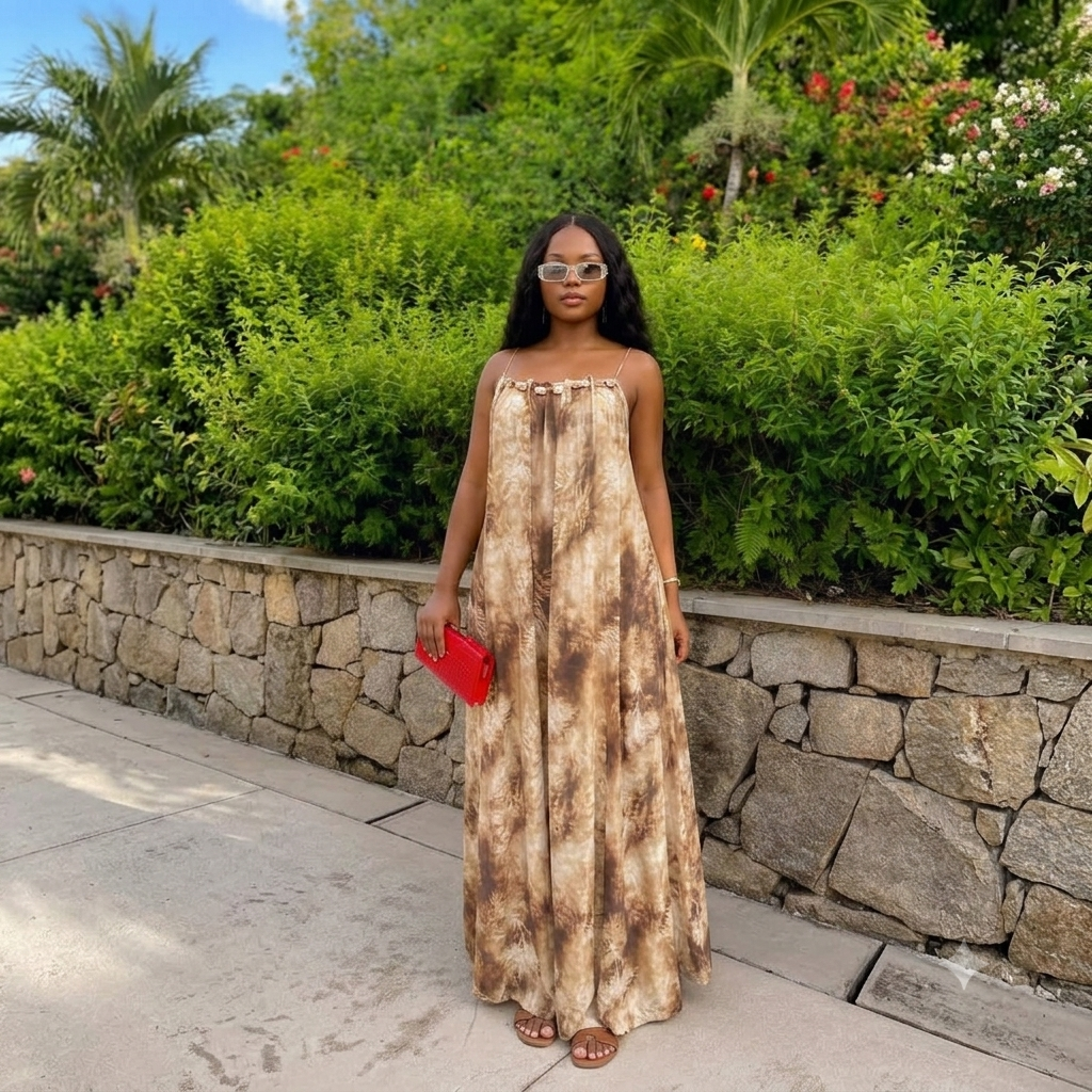Sleeveless Strappy Tie-Dye Printed Flowy Beach Maxi Dress with Shell Embellishment - Image 2