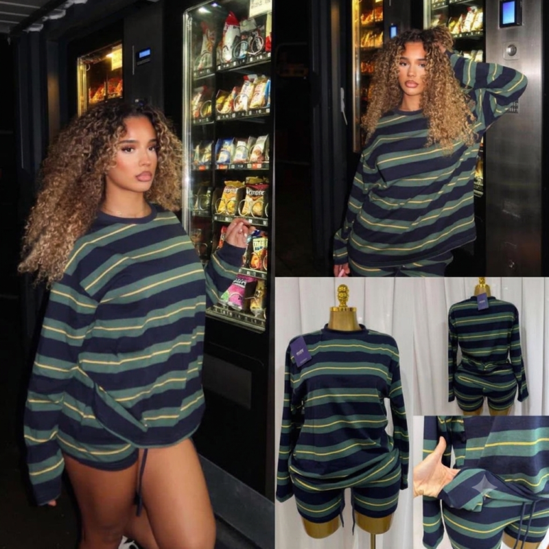 Women’s 2-Piece Striped Long-Sleeve Top & Drawstring Shorts Lounge Set