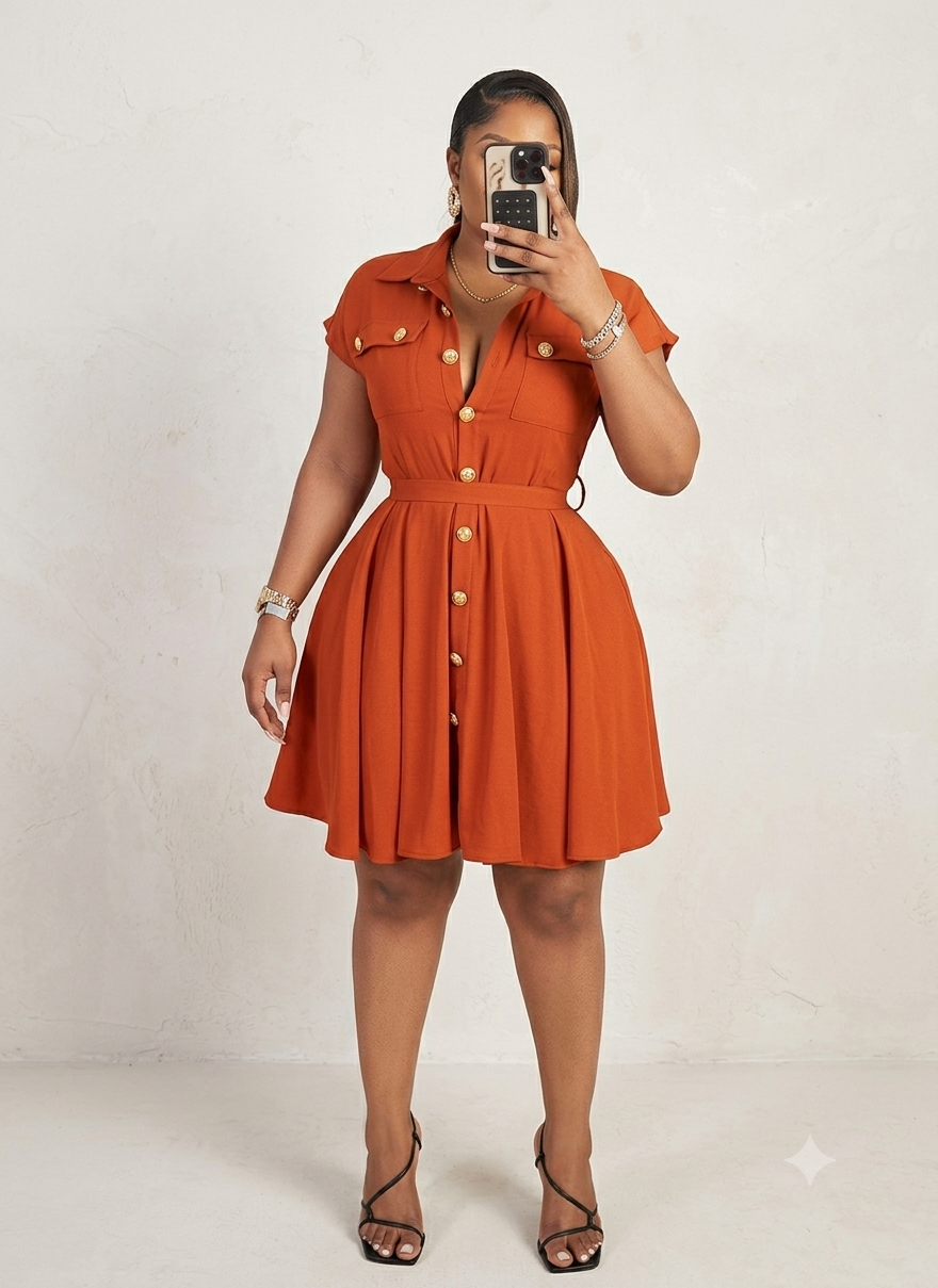 Women’s Short-Sleeve Button-Front Mini Dress – Pleated Utility Shirt Dress with Waist Tie - Image 2