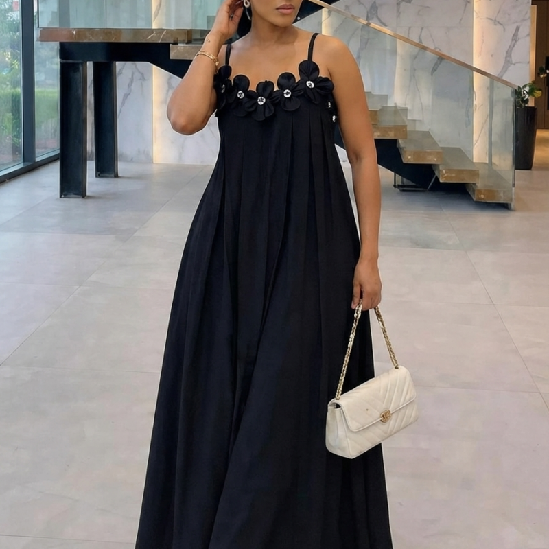 Women’s Elegant Floral-Appliqué Maxi Dress – Spaghetti Strap Flowy Pleated Long Dress
