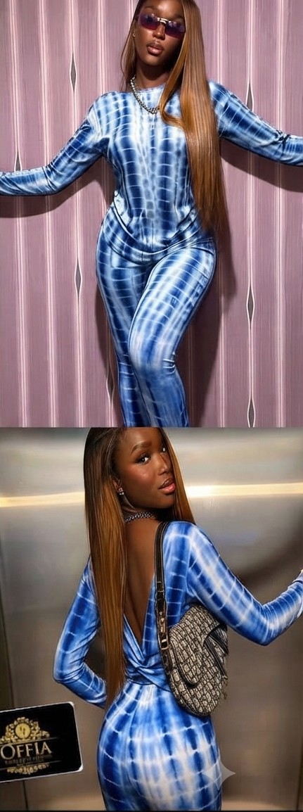 Two-Piece Tie-Dye Long Sleeve Top and Pant Set with Deep-V Neckline - Image 2