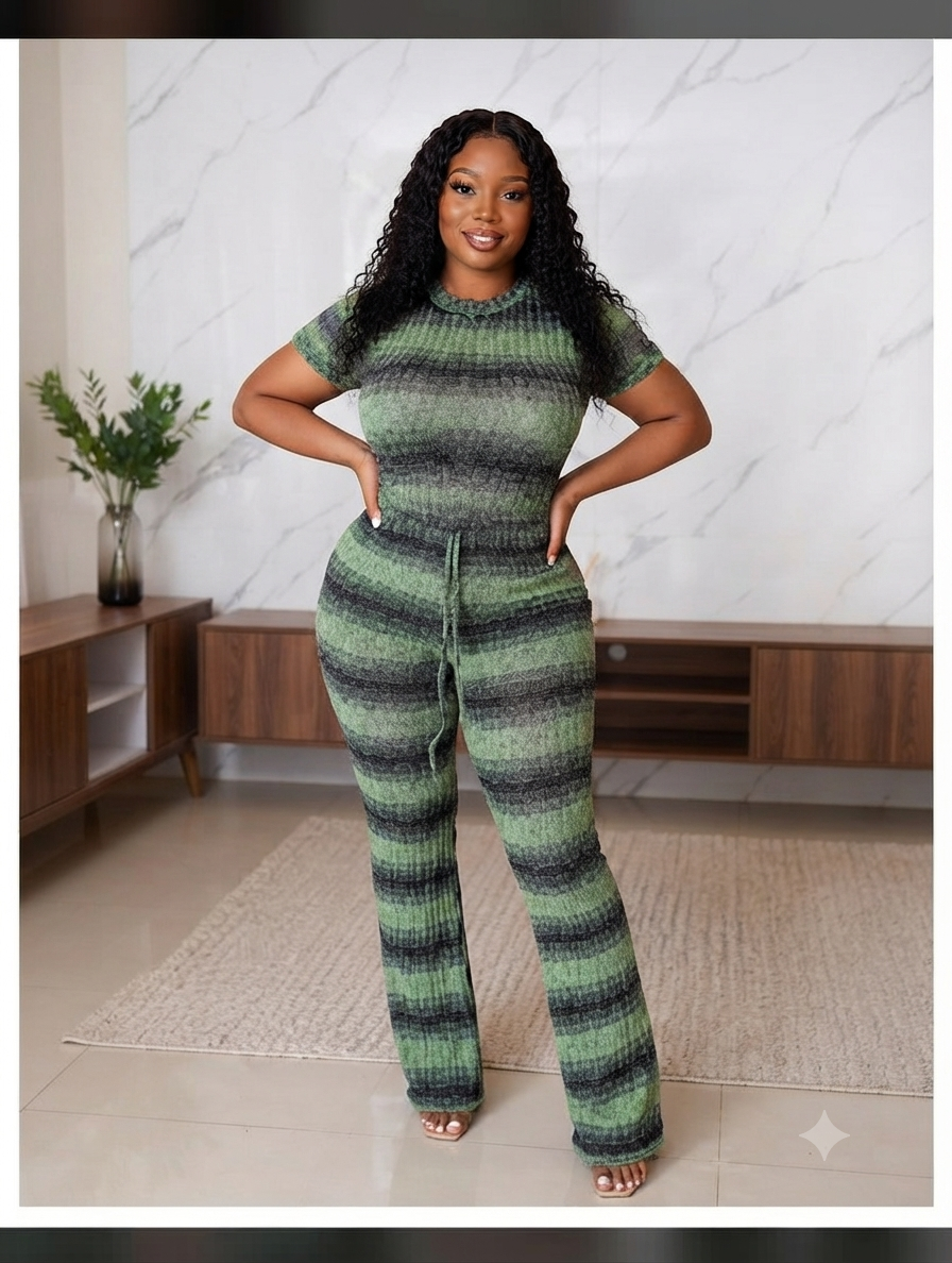Cozy Ribbed Knit Short-Sleeve Top and Wide-Leg Pants Set for Women