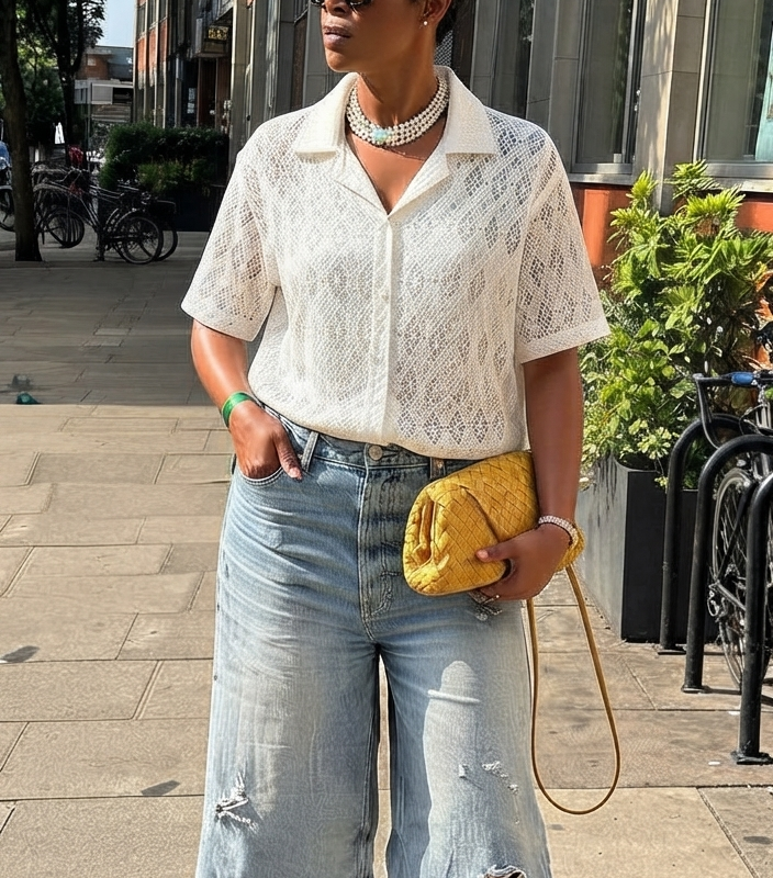 Premium Womenβs Open-Weave Short-Sleeve Collared Shirt (White / Black)