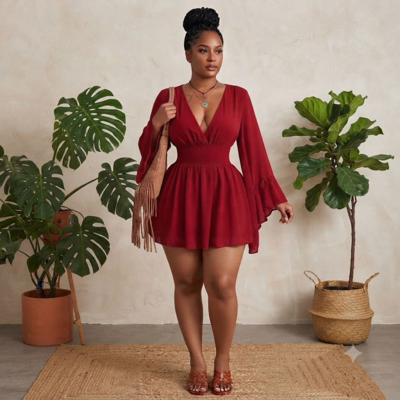 Lady's V-Neck Long-Sleeve Smocked Waist Flare Mini Dress (Brown, Olive, Black, Red)
