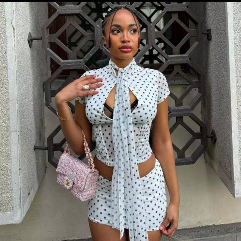 White Polka Dot Mesh Co-ord Set – Keyhole Top with Neck Tie & Mini Skirt