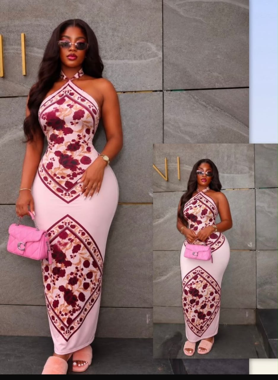 Pink Floral Scarf-Print Halter Neck Maxi Dress – Sleeveless Bodycon Long Dress