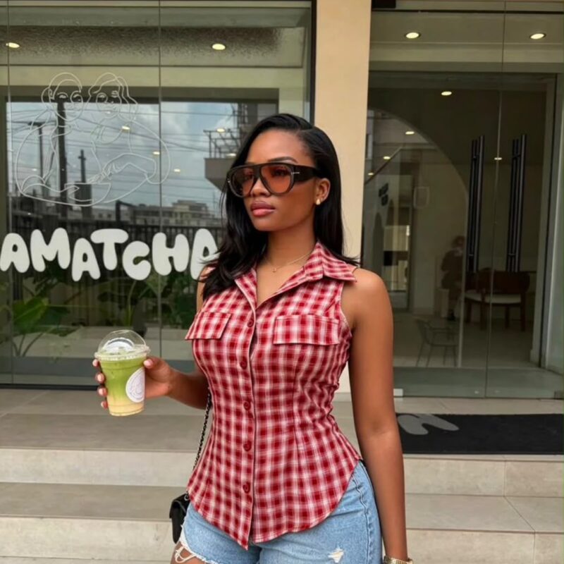 Ladies Sleeveless Tartan Check Top β Collar Neck Button-Up Top