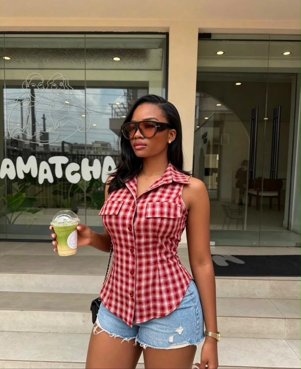 Ladies Sleeveless Tartan Check Top – Collar Neck Button-Up Top