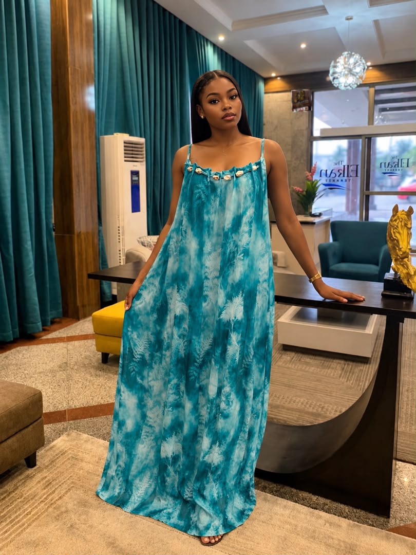 Sleeveless Strappy Tie-Dye Printed Flowy Beach Maxi Dress with Shell Embellishment