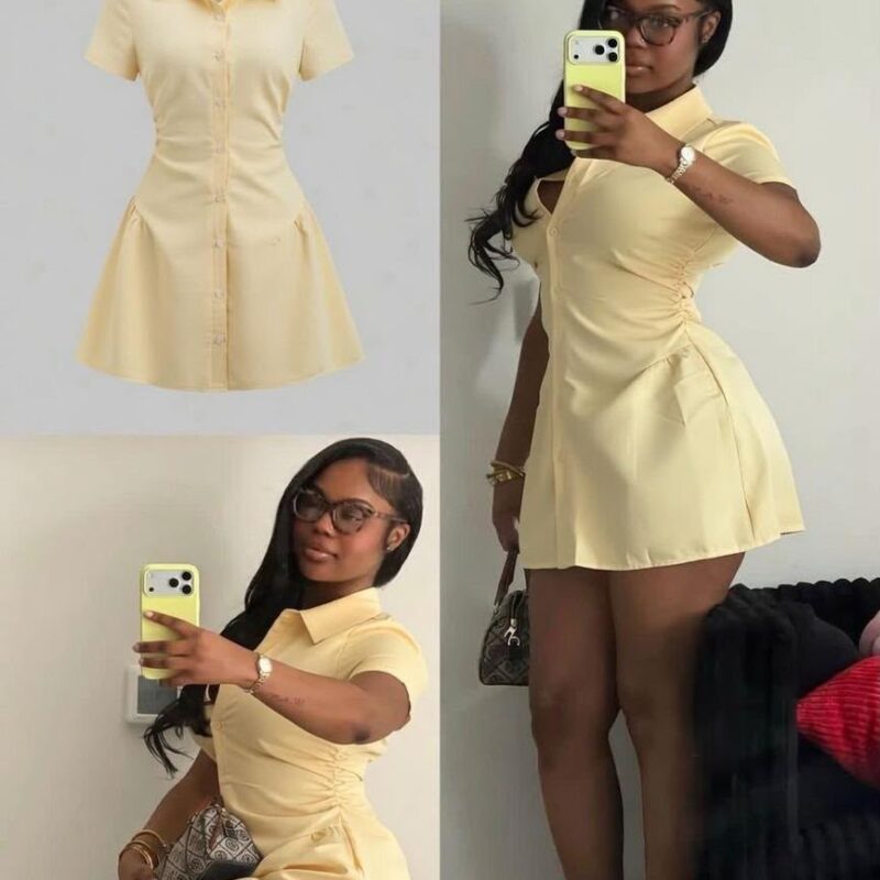 Short Sleeve Button-Down Mini Shirt Dress with Side Ruched Waist Detail