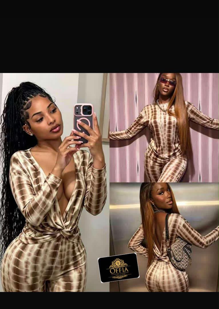 Two-Piece Tie-Dye Long Sleeve Top and Pant Set with Deep-V Neckline