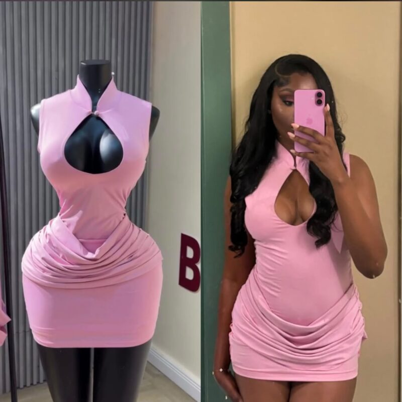 Snatched Pink Keyhole Short Gown – High Neck Ruched Hip Bodycon Party Dress