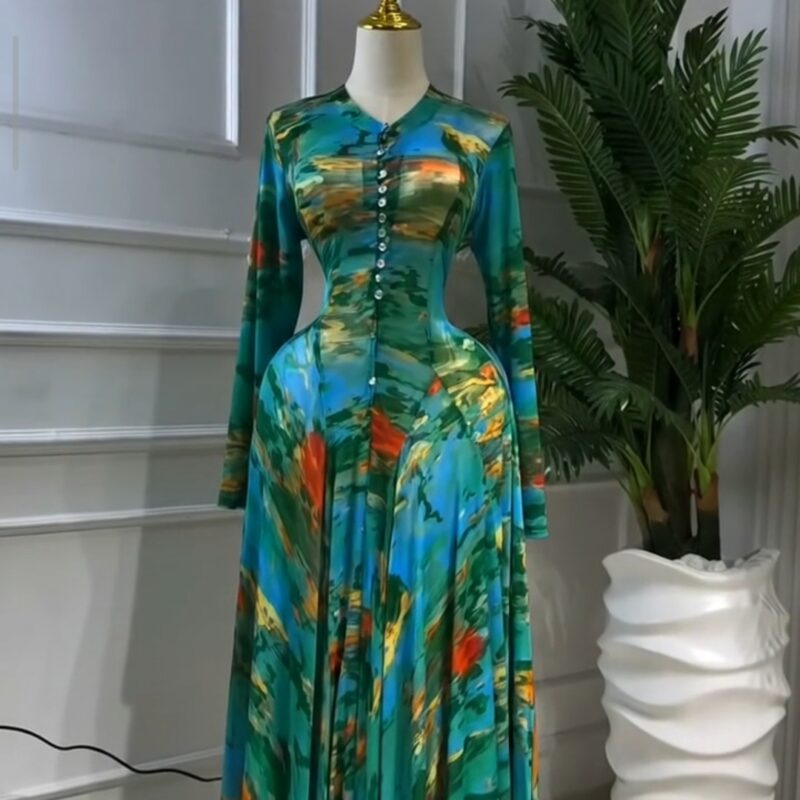 Classy Abstract Printed Fitted Long Dress with Front Buttons